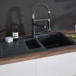 Cooke & Lewis Arber Black Composite Quartz 1.5 Bowl Sink & Drainer 500mm X 900mm -Prime Kitchen cooke lewis arber black composite quartz 1 5 bowl sink drainer 500mm x 900mm3663602900900 30i