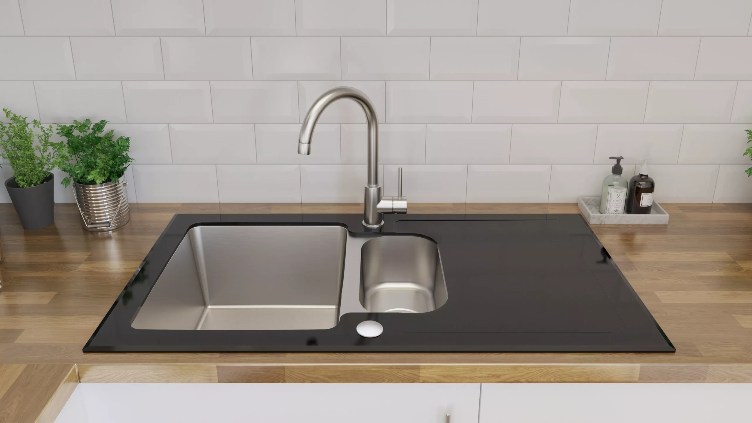Cooke & Lewis Christianna Black Stainless Steel & Toughened Glass 1.5 Bowl Sink & Drainer 500mm X 950mm 4 Cooke & Lewis Christianna Black Stainless Steel & Toughened Glass 1.5 Bowl Sink & Drainer 500mm X 950mm - Image 2