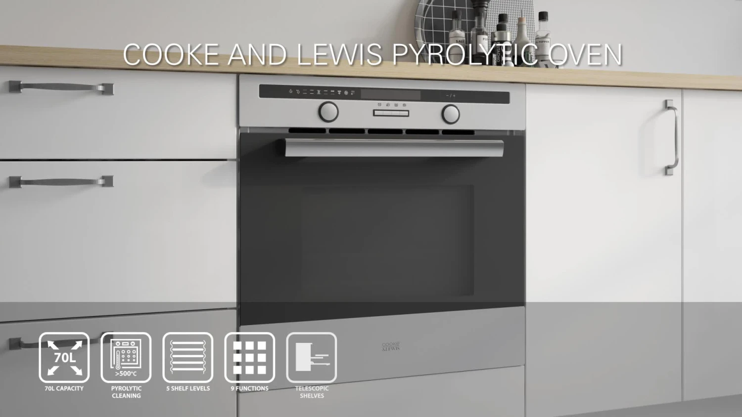 Cooke & Lewis CLPYSTa Built-in Single Pyrolytic Oven - Brushed Black & Grey Stainless Steel Effect 4 Cooke & Lewis CLPYSTa Built-in Single Pyrolytic Oven - Brushed Black & Grey Stainless Steel Effect - Image 2