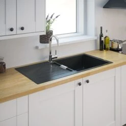 Cooke & Lewis Galvani Polished Grey Composite Quartz 1 Bowl Sink & Drainer 500mm X 1000mm -Prime Kitchen cooke lewis galvani polished grey composite quartz 1 bowl sink drainer 500mm x 1000mm3663602901266 03bq