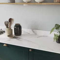GoodHome 12mm Nepeta Matt White Marble Effect Paper & Resin Square Edge Kitchen Worktop, (L)3000mm -Prime Kitchen goodhome 12mm nepeta matt white marble effect paper resin square edge kitchen worktop l 3000mm5059340483245 02i