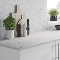 GoodHome Algiata Polished Grey Terrazzo Effect Laminated Chipboard Back Panel, (H)8mm (W)600mm (T)8mm -Prime Kitchen goodhome algiata polished grey terrazzo effect laminated chipboard back panel h 8mm w 600mm t 8mm3663602482598 21i