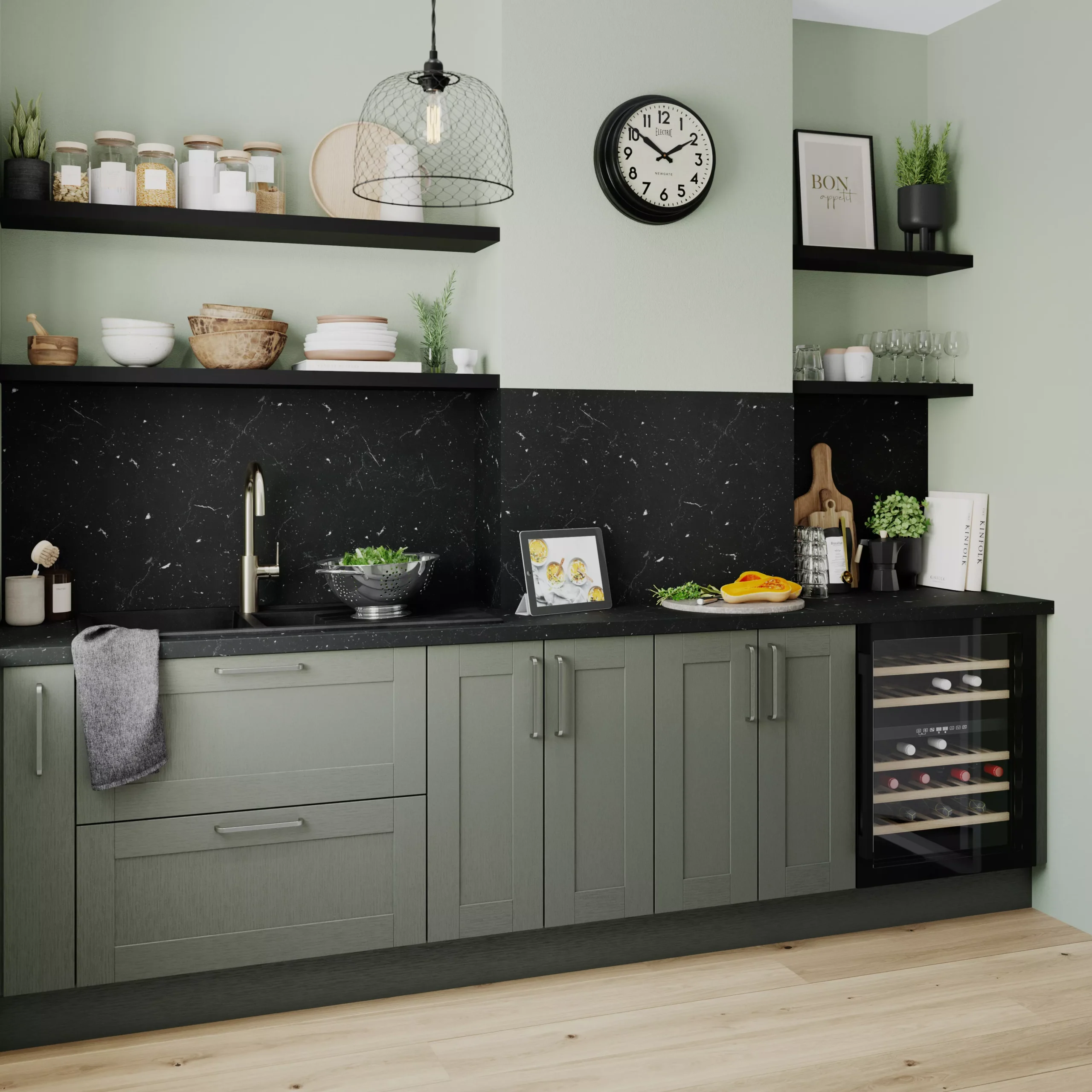 GoodHome Alpinia Matt Green Painted Wood Effect Shaker Tall Wall Cabinet Door (W)300mm (H)895mm (T)18mm 6 GoodHome Alpinia Matt Green Painted Wood Effect Shaker Tall Wall Cabinet Door (W)300mm (H)895mm (T)18mm - Image 4