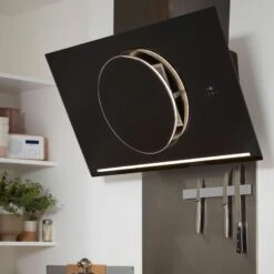 GoodHome Bamia GHAGRO90 Black Glass Round Angled Cooker Hood, (W)90cm -Prime Kitchen goodhome bamia ghagro90 black glass round angled cooker hood w 90cm3663602434313 01i bq