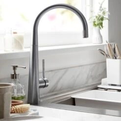 GoodHome Carya Silver Stainless Steel Effect Kitchen Side Lever Tap -Prime Kitchen goodhome carya silver stainless steel effect kitchen side lever tap3663602481881 01i bq