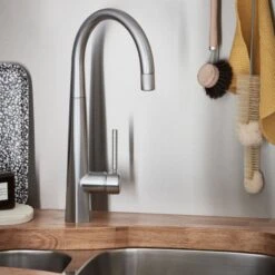 GoodHome Carya Silver Stainless Steel Effect Kitchen Side Lever Tap -Prime Kitchen goodhome carya silver stainless steel effect kitchen side lever tap3663602481881 03i bq