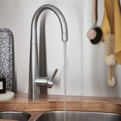 GoodHome Carya Silver Stainless Steel Effect Kitchen Side Lever Tap -Prime Kitchen goodhome carya silver stainless steel effect kitchen side lever tap3663602481881 04i bq