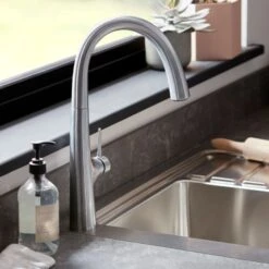 GoodHome Edulis Silver Stainless Steel Effect Kitchen Side Lever Tap -Prime Kitchen goodhome edulis silver stainless steel effect kitchen side lever tap3663602481898 02i bq