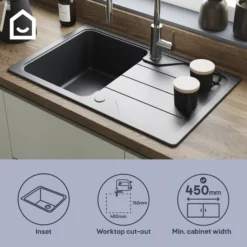 GoodHome Fatali Black Composite Quartz 1 Bowl Sink & Drainer (W)500mm X (L)780mm -Prime Kitchen goodhome fatali black composite quartz 1 bowl sink drainer w 500mm x l 780mm5059340458366 41i EN