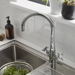 GoodHome Filbert Silver Chrome Effect Kitchen Twin Lever Tap -Prime Kitchen goodhome filbert silver chrome effect kitchen twin lever tap3663602481867 01i