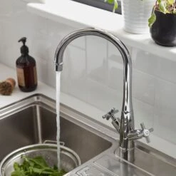 GoodHome Filbert Silver Chrome Effect Kitchen Twin Lever Tap -Prime Kitchen goodhome filbert silver chrome effect kitchen twin lever tap3663602481867 02i bq