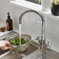 GoodHome Filbert Silver Chrome Effect Kitchen Twin Lever Tap -Prime Kitchen goodhome filbert silver chrome effect kitchen twin lever tap3663602481867 03i bq