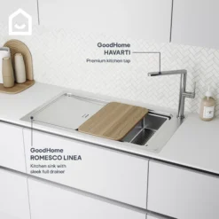 GoodHome Havarti Stainless Steel Effect Kitchen Side Lever Tap -Prime Kitchen goodhome havarti stainless steel effect kitchen side lever tap5059340452906 45c EN