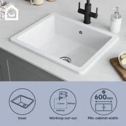 GoodHome Hyssop White Ceramic 1 Bowl Kitchen Sink (W)460mm X (L)565mm -Prime Kitchen goodhome hyssop white ceramic 1 bowl kitchen sink w 460mm x l 565mm5059340458441 41i EN