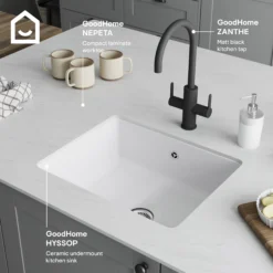 GoodHome Hyssop White Ceramic 1 Bowl Kitchen Sink (W)460mm X (L)565mm -Prime Kitchen goodhome hyssop white ceramic 1 bowl kitchen sink w 460mm x l 565mm5059340458441 45i EN
