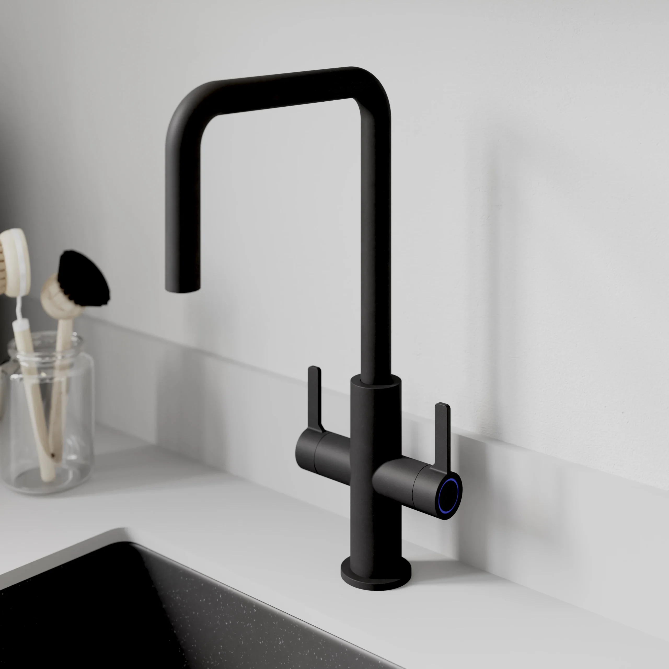 GoodHome Kamut Black Graphite Effect Kitchen Twin Lever Tap 6 GoodHome Kamut Black Graphite Effect Kitchen Twin Lever Tap - Image 4