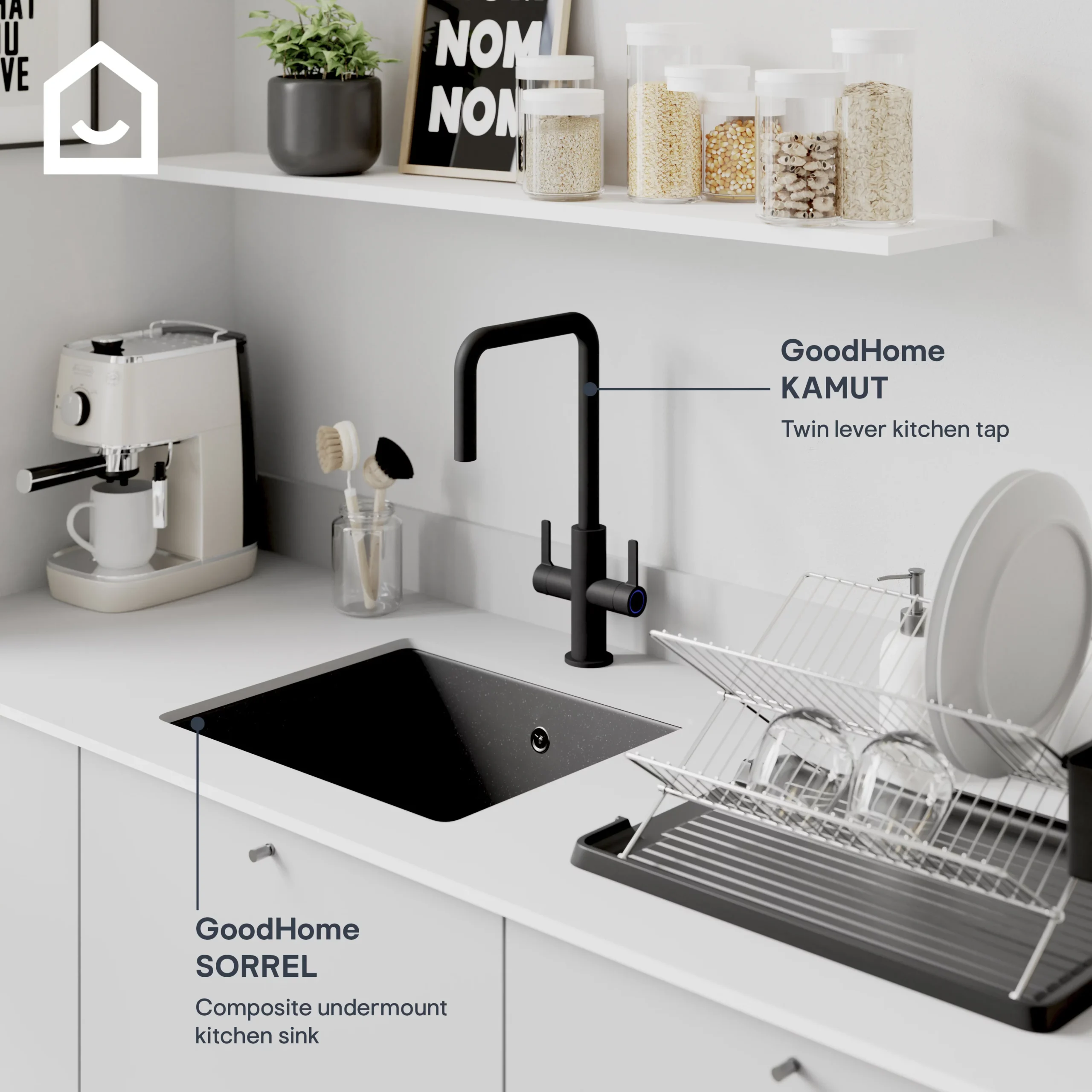 GoodHome Kamut Black Graphite Effect Kitchen Twin Lever Tap 9 GoodHome Kamut Black Graphite Effect Kitchen Twin Lever Tap - Image 7