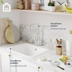 GoodHome Kamut Chrome-plated Kitchen Twin Lever Tap -Prime Kitchen goodhome kamut chrome plated kitchen twin lever tap5059340452661 45c EN