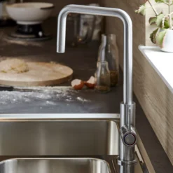 GoodHome Kamut Silver Stainless Steel Effect Kitchen Side Lever Tap -Prime Kitchen goodhome kamut silver stainless steel effect kitchen side lever tap3663602481911 01i