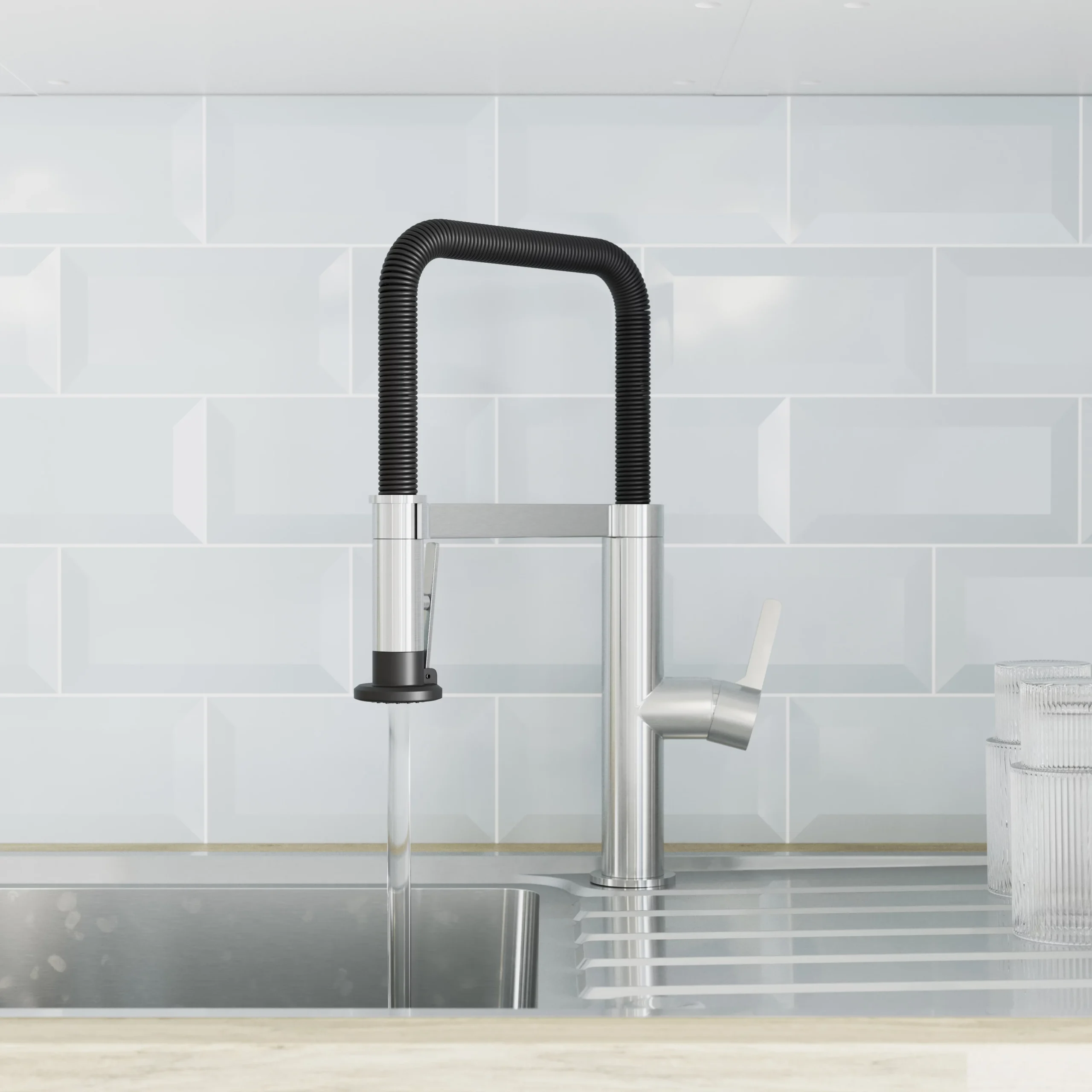 GoodHome Kamut Stainless Steel Effect Kitchen Side Lever Spring Neck Tap 8 GoodHome Kamut Stainless Steel Effect Kitchen Side Lever Spring Neck Tap - Image 6