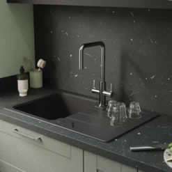 GoodHome Kamut Stainless Steel Effect Kitchen Twin Lever Tap -Prime Kitchen goodhome kamut stainless steel effect kitchen twin lever tap5059340452678 02i