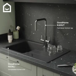 GoodHome Kamut Stainless Steel Effect Kitchen Twin Lever Tap -Prime Kitchen goodhome kamut stainless steel effect kitchen twin lever tap5059340452678 45c EN