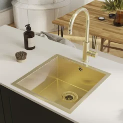 GoodHome Koseret Brushed Brass Stainless Steel 1 Bowl Kitchen Sink (W)430mm X (L)450mm -Prime Kitchen goodhome koseret brushed brass stainless steel 1 bowl kitchen sink w 430mm x l 450mm5059340458373 01i