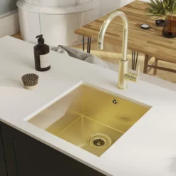 GoodHome Koseret Brushed Brass Stainless Steel 1 Bowl Kitchen Sink (W)430mm X (L)450mm -Prime Kitchen goodhome koseret brushed brass stainless steel 1 bowl kitchen sink w 430mm x l 450mm5059340458373 02i