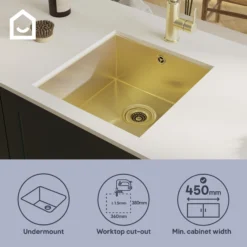 GoodHome Koseret Brushed Brass Stainless Steel 1 Bowl Kitchen Sink (W)430mm X (L)450mm -Prime Kitchen goodhome koseret brushed brass stainless steel 1 bowl kitchen sink w 430mm x l 450mm5059340458373 42i EN