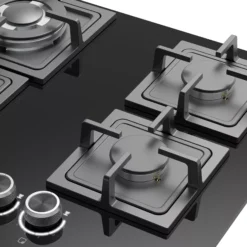 GoodHome Linksense GH60GASLK 4 Burner Black Glass & Steel Gas Hob, (W)590mm -Prime Kitchen goodhome linksense gh60gaslk 4 burner black glass steel gas hob w 590mm5059340445793 36c