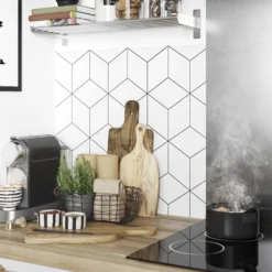 GoodHome Nepeta White Geometric / Smooth Paper & Resin Back Panel, (H)6000mm (W)18000mm (T)3mm -Prime Kitchen goodhome nepeta white geometric smooth paper resin back panel h 6000mm w 18000mm t 3mm3663602636311 01i