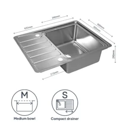 GoodHome Quassia Brushed Stainless Steel 1 Bowl Sink & Drainer With Compact Drainer (W)505mm X (L)635mm -Prime Kitchen goodhome quassia brushed stainless steel 1 bowl sink drainer with compact drainer w 505mm x l 635mm5059340458342 71c EN