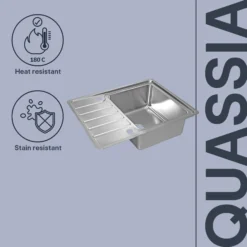 GoodHome Quassia Brushed Stainless Steel 1 Bowl Sink & Drainer With Compact Drainer (W)505mm X (L)635mm -Prime Kitchen goodhome quassia brushed stainless steel 1 bowl sink drainer with compact drainer w 505mm x l 635mm5059340458342 75c EN