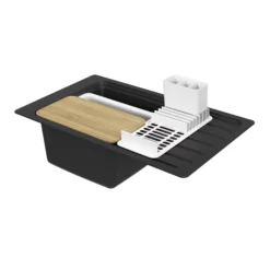 GoodHome Romesco Black Composite Quartz 1 Bowl Kitchen Sink Set With Large Drainer (W)515mm (L)883mm -Prime Kitchen goodhome romesco black composite quartz 1 bowl kitchen sink set with large drainer w 515mm l 883mm5059340458496 01c 1