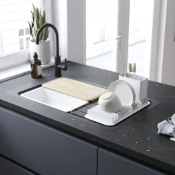 GoodHome Romesco Black Composite Quartz 1 Bowl Kitchen Sink Set With Large Drainer (W)515mm (L)883mm -Prime Kitchen goodhome romesco black composite quartz 1 bowl kitchen sink set with large drainer w 515mm l 883mm5059340458496 01i 1