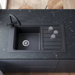 GoodHome Romesco Black Composite Quartz 1 Bowl Kitchen Sink Set With Large Drainer (W)515mm (L)883mm -Prime Kitchen goodhome romesco black composite quartz 1 bowl kitchen sink set with large drainer w 515mm l 883mm5059340458496 02i 1