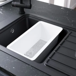 GoodHome Romesco Black Composite Quartz 1 Bowl Kitchen Sink Set With Large Drainer (W)515mm (L)883mm -Prime Kitchen goodhome romesco black composite quartz 1 bowl kitchen sink set with large drainer w 515mm l 883mm5059340458496 03i 1