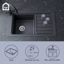 GoodHome Romesco Black Composite Quartz 1 Bowl Kitchen Sink Set With Large Drainer (W)515mm (L)883mm -Prime Kitchen goodhome romesco black composite quartz 1 bowl kitchen sink set with large drainer w 515mm l 883mm5059340458496 41i EN