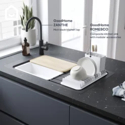 GoodHome Romesco Black Composite Quartz 1 Bowl Kitchen Sink Set With Large Drainer (W)515mm (L)883mm -Prime Kitchen goodhome romesco black composite quartz 1 bowl kitchen sink set with large drainer w 515mm l 883mm5059340458496 45i EN 1