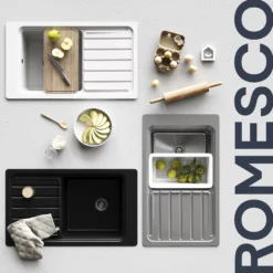 GoodHome Romesco Black Composite Quartz 1 Bowl Kitchen Sink Set With Large Drainer (W)515mm (L)883mm -Prime Kitchen goodhome romesco black composite quartz 1 bowl kitchen sink set with large drainer w 515mm l 883mm5059340458502 46i