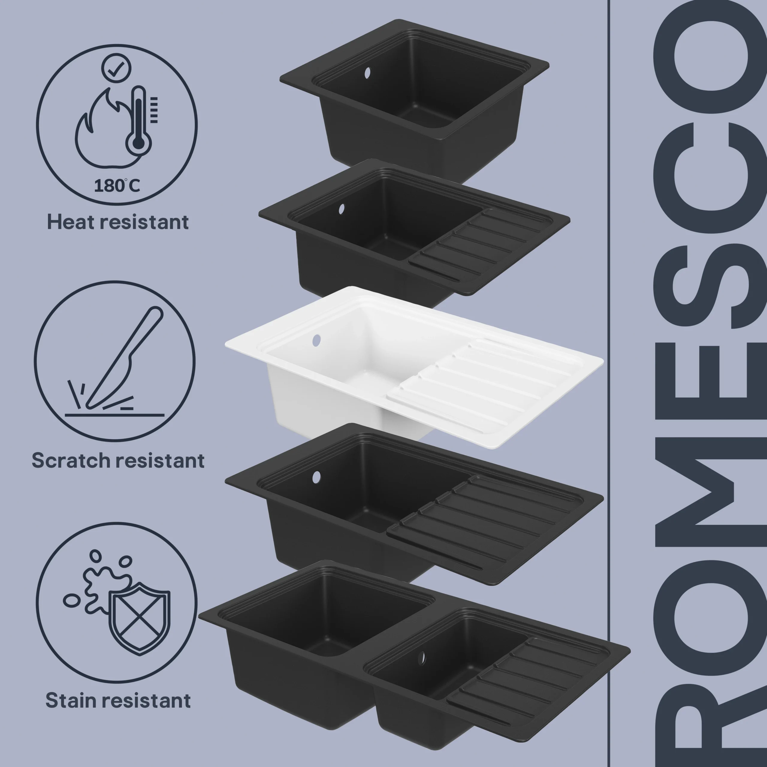 GoodHome Romesco Black Composite Quartz 1 Bowl Kitchen Sink (W)515mm X (L)562mm 16 GoodHome Romesco Black Composite Quartz 1 Bowl Kitchen Sink (W)515mm X (L)562mm - Image 14