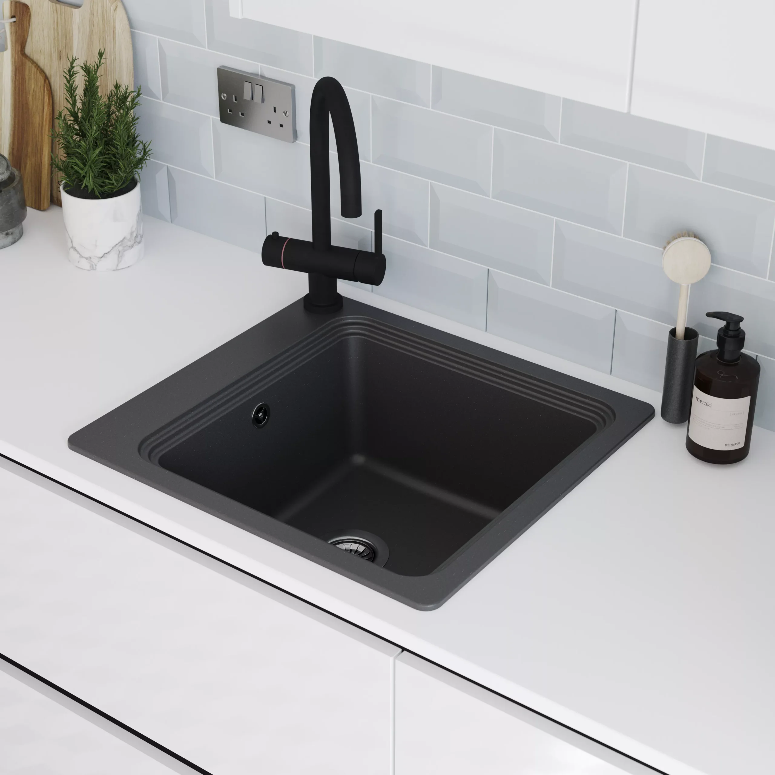 GoodHome Romesco Black Composite Quartz 1 Bowl Kitchen Sink (W)515mm X (L)562mm 9 GoodHome Romesco Black Composite Quartz 1 Bowl Kitchen Sink (W)515mm X (L)562mm - Image 7