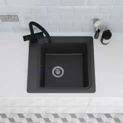 GoodHome Romesco Black Composite Quartz 1 Bowl Kitchen Sink (W)515mm X (L)562mm 25 GoodHome Romesco Black Composite Quartz 1 Bowl Kitchen Sink (W)515mm X (L)562mm -Prime Kitchen goodhome romesco black composite quartz 1 bowl kitchen sink w 515mm x l 562mm5059340458731 02i