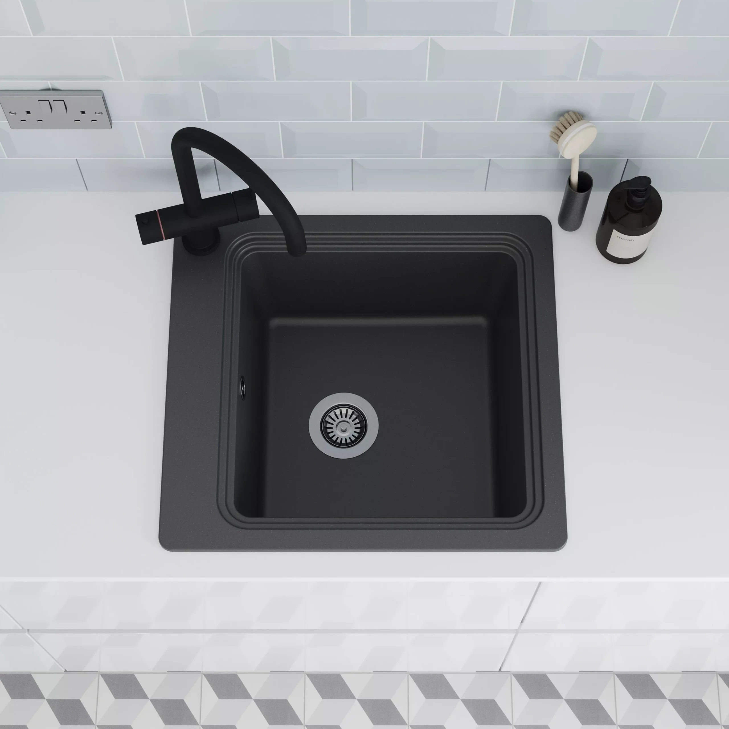GoodHome Romesco Black Composite Quartz 1 Bowl Kitchen Sink (W)515mm X (L)562mm 10 GoodHome Romesco Black Composite Quartz 1 Bowl Kitchen Sink (W)515mm X (L)562mm - Image 8