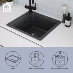 GoodHome Romesco Black Composite Quartz 1 Bowl Kitchen Sink (W)515mm X (L)562mm 32 GoodHome Romesco Black Composite Quartz 1 Bowl Kitchen Sink (W)515mm X (L)562mm -Prime Kitchen goodhome romesco black composite quartz 1 bowl kitchen sink w 515mm x l 562mm5059340458731 41i EN