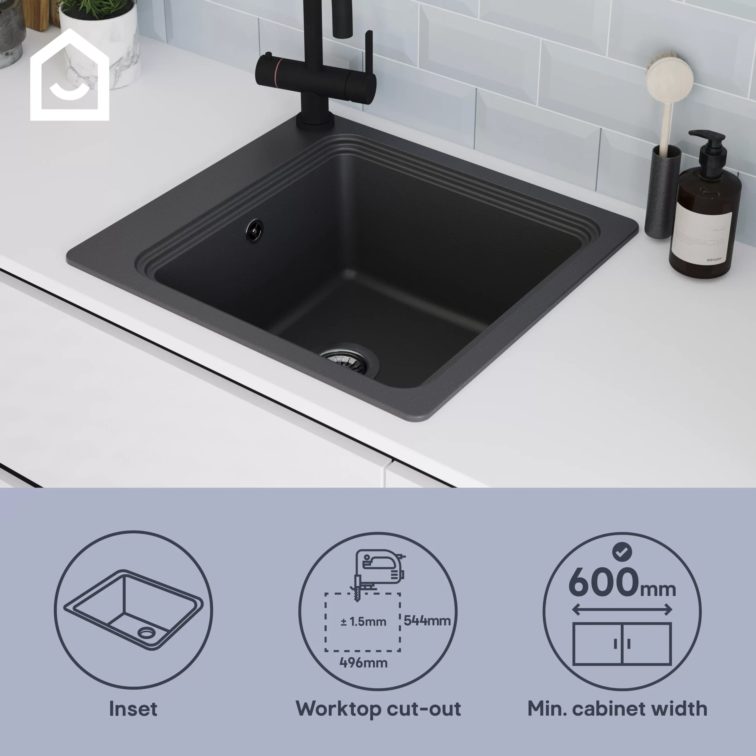 GoodHome Romesco Black Composite Quartz 1 Bowl Kitchen Sink (W)515mm X (L)562mm 17 GoodHome Romesco Black Composite Quartz 1 Bowl Kitchen Sink (W)515mm X (L)562mm - Image 15