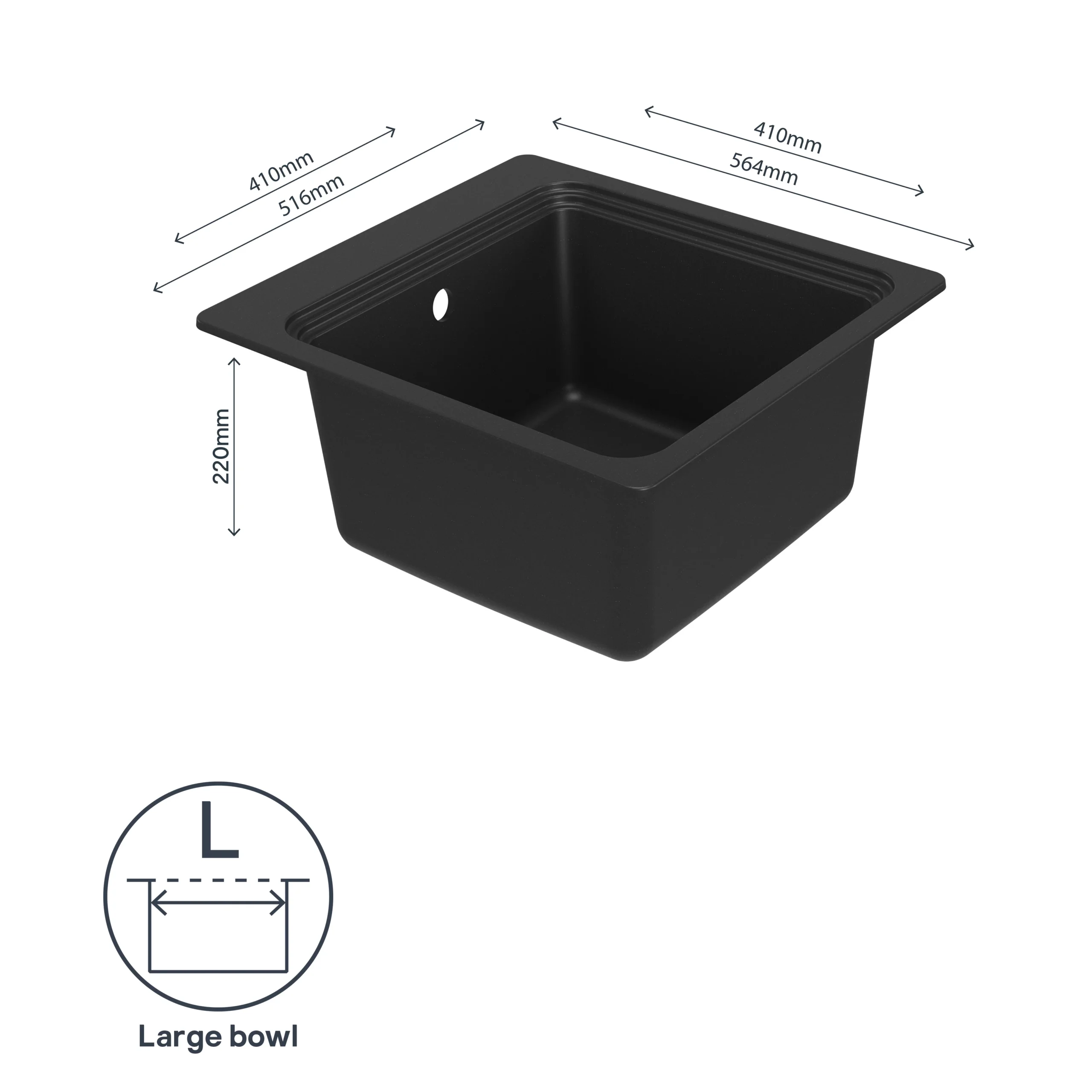 GoodHome Romesco Black Composite Quartz 1 Bowl Kitchen Sink (W)515mm X (L)562mm 13 GoodHome Romesco Black Composite Quartz 1 Bowl Kitchen Sink (W)515mm X (L)562mm - Image 11