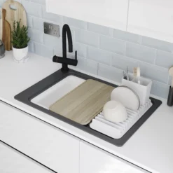 GoodHome Romesco Black Composite Quartz 1 Bowl Sink & Drainer (W)515mm X (L)772mm -Prime Kitchen goodhome romesco black composite quartz 1 bowl sink drainer w 515mm x l 772mm5059340458748 07i