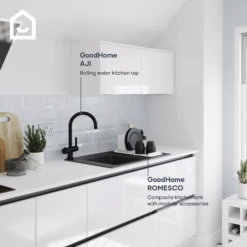 GoodHome Romesco Black Composite Quartz 1 Bowl Sink & Drainer (W)515mm X (L)772mm -Prime Kitchen goodhome romesco black composite quartz 1 bowl sink drainer w 515mm x l 772mm5059340458748 45i EN 1