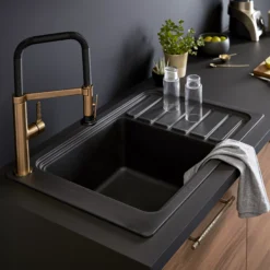 GoodHome Romesco Black Composite Quartz 1 Bowl Sink & Drainer (W)516mm X (L)773mm -Prime Kitchen goodhome romesco black composite quartz 1 bowl sink drainer w 516mm x l 773mm3663602791973 01i